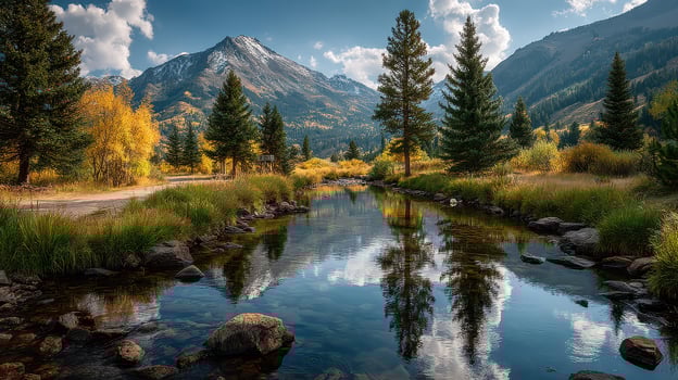 Scenic mountain landscape with clear stream and vibrant autumn foliage under a sunny sky photo