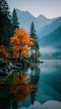 Vibrant autumn colors reflect in tranquil lake with mountains in the background during early morning light photo
