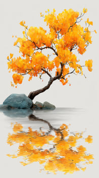 Bright autumn tree with orange leaves reflecting on calm water photo
