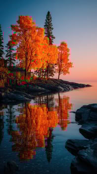 Autumn trees reflecting on calm water at sunset in a serene lakeside landscape photo