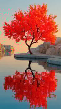 Vibrant red tree stands majestically by calm water in serene landscape during sunset photo