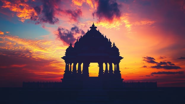 Silhouette of an Indian temple against a vibrant sunset sky with colorful clouds creating a serene atmosphere for reflection photo