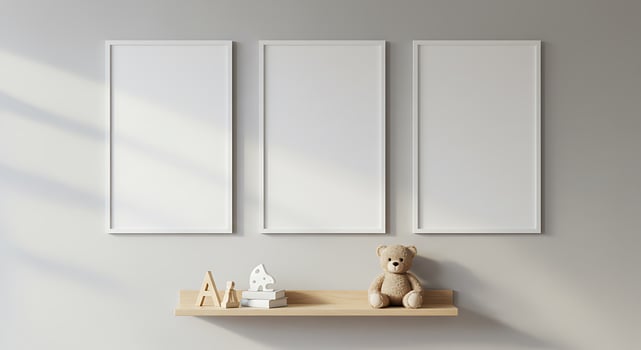 Three blank white frames on a shelf with a teddy bear photo