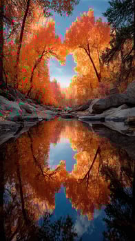 Beautiful autumn reflection in a tranquil river surrounded by vibrant orange and yellow trees in a serene nature setting photo