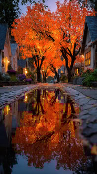 Vibrant fall colors reflect in puddles along a charming residential street at dusk photo