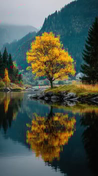 Majestic autumn tree reflecting in calm river near mountains in serene landscape setting photo
