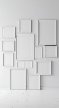 Empty white frames on a wall in an empty room photo