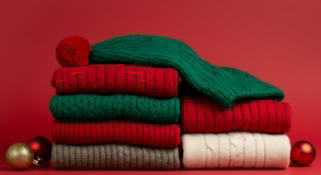 A pile of sweaters and hats on a red background photo