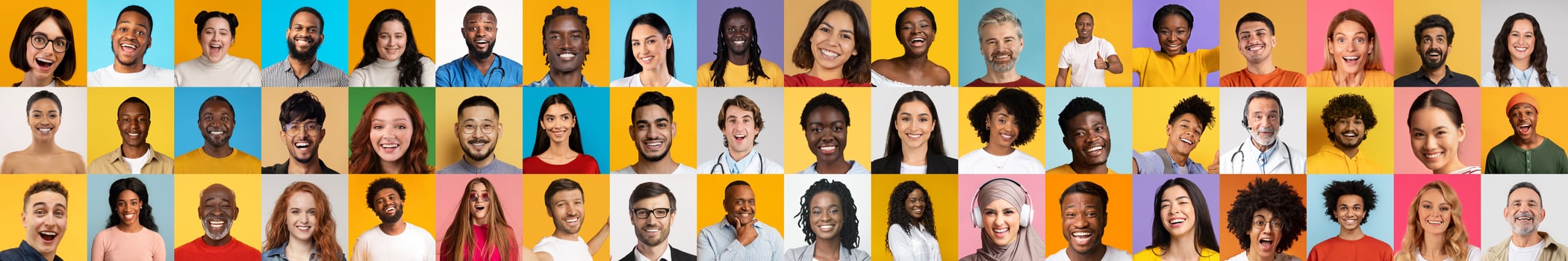 A lively collection showcases diverse individuals smiling and engaging against bright, colorful backgrounds. Each face represents a unique story and reflects a vibrant lifestyle. photo