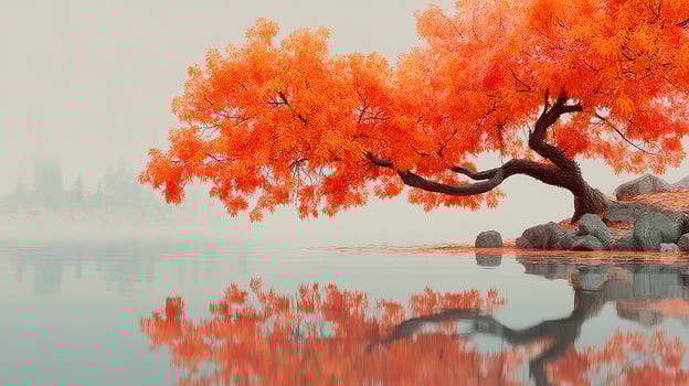 Vibrant orange tree reflecting on still waters in a serene landscape during autumn photo