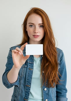 A young woman holding up a blank card photo