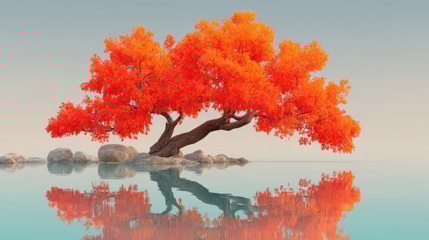 Vibrant orange tree reflecting in tranquil water surrounded by stones in serene natural setting photo
