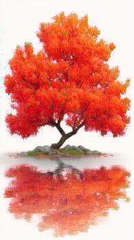 Vibrant autumn tree with striking orange leaves beside still water reflecting its beauty in a serene landscape photo