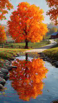 Vibrant orange tree reflected in calm waters during a serene autumn afternoon in a peaceful countryside setting photo