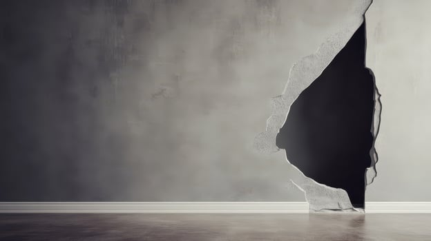 Wall with large hole reveals dark space beyond photo