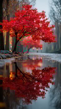 Vibrant red maple trees reflect in calm water during a serene autumn evening in the park photo