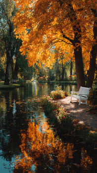 Autumn afternoon by the serene lake surrounded by vibrant orange foliage and a peaceful bench photo