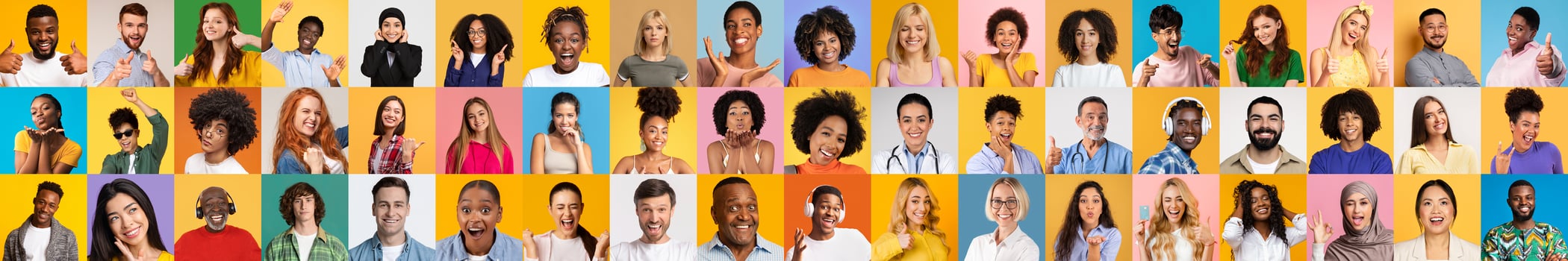 A vibrant collage displays diverse individuals from various backgrounds, highlighting their unique features and expressions against colorful backgrounds, celebrating diversity and inclusivity. photo