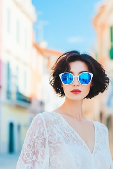 Stylish young Croatian female in sunglasses on sunny urban street. photo
