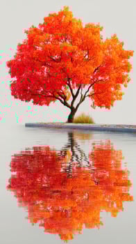 Vibrant orange tree reflecting in calm water during fall season at serene lakeside location photo