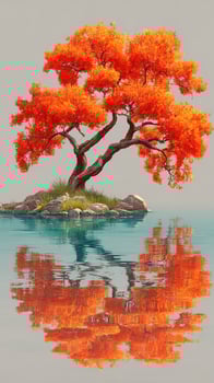Vibrant orange tree reflects in calm blue water on a serene island during autumn afternoon photo