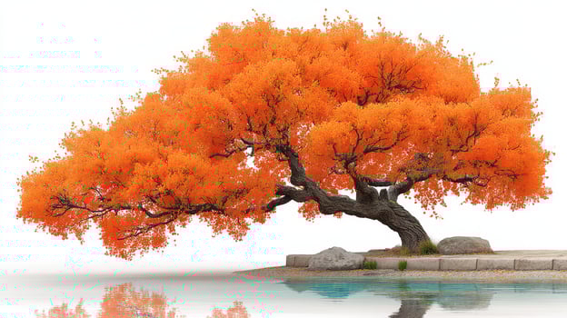 Majestic orange tree reflects in tranquil water under bright skies during autumn in a serene landscape photo