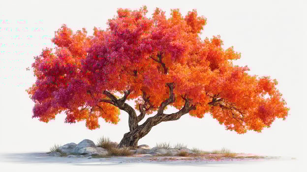Vibrant autumn tree with orange and pink leaves in a serene landscape at sunset photo