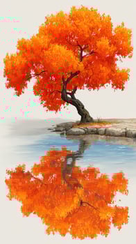 Beautiful autumn tree with vibrant orange leaves reflected in calm water at lakeside photo