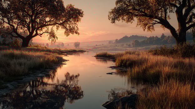Calm river reflecting golden sunset surrounded by trees and grass in a serene landscape photo