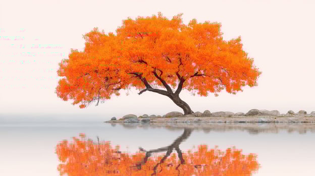 Vibrant orange tree reflecting on calm water in serene landscape during autumn season photo