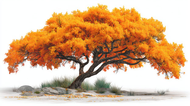 Vibrant orange tree stands alone in a serene landscape during autumn at a tranquil setting photo