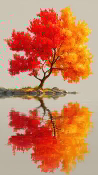 Vibrant autumn tree reflecting on calm water at a serene lakeside location during sunset photo
