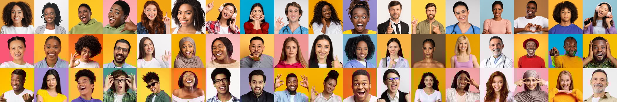 This collection showcases a bright and colorful array of diverse individuals smiling and engaging with the camera. Each portrait highlights the beauty of cultural variety in contemporary lifestyle. photo