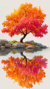 Colorful autumn tree reflects on calm water in a serene nature setting with boulders and greenery photo