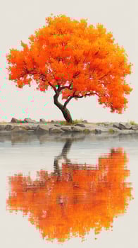 Bright orange tree stands by calm water, reflecting its vibrant colors in the serene landscape at dawn photo