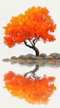 Bright orange tree stands by calm water reflecting autumn colors in a serene landscape setting photo