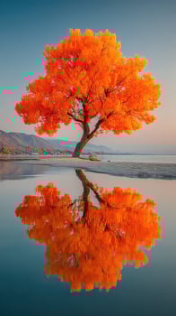 Vibrant autumn tree reflects beautifully in tranquil waters of a serene landscape during sunset photo