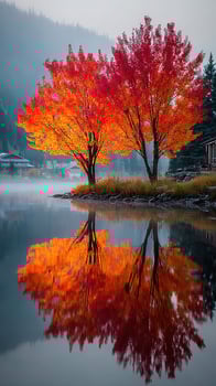 Colorful autumn trees reflect on calm water in a serene lakeside landscape at dawn photo