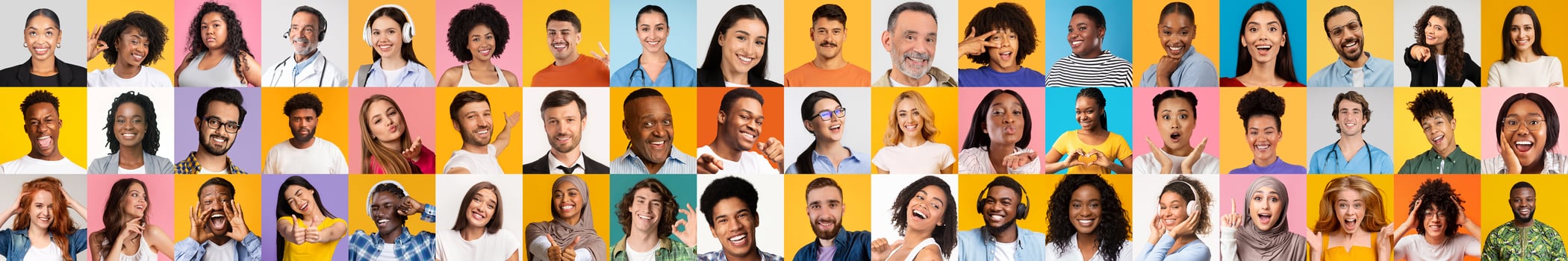 This collage features a vibrant array of diverse individuals, capturing their joy and spontaneity against bright backgrounds. photo