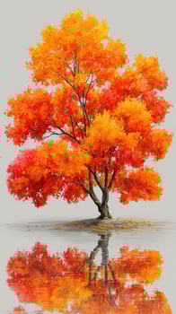 Vibrant autumn tree reflects in tranquil water on a clear day in fall season photo