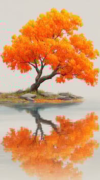 Bright orange tree reflects in calm water during autumn afternoon near a serene pond photo
