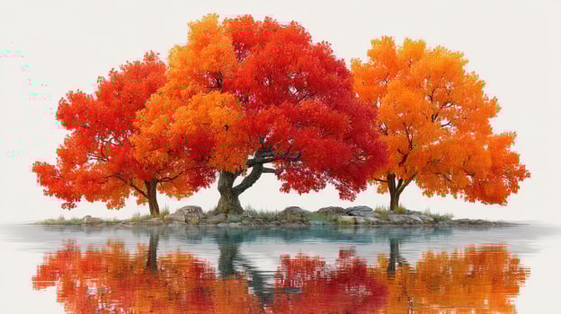 Colorful autumn trees reflect on calm water in tranquil landscape during early morning hours photo