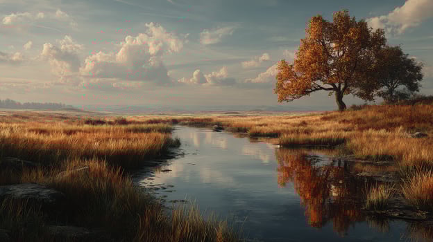 Golden hour over a serene wetland with autumn colors and reflective water under a cloud-studded sky photo