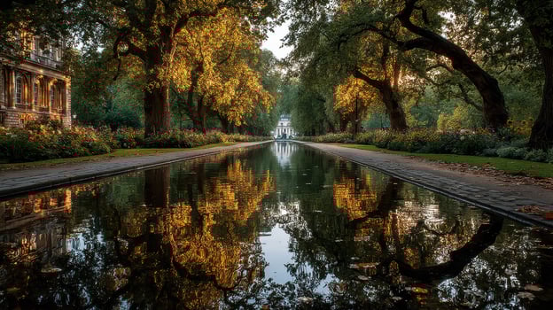 Serene autumn reflection in a tranquil park with vibrant orange foliage in the late afternoon photo
