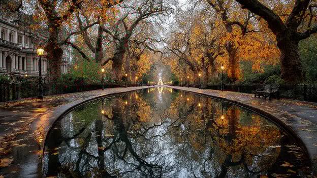 Autumn reflections along a peaceful park pathway with trees and a tranquil pond at dusk photo