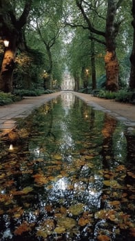 Beautiful park pathway reflecting trees and autumn leaves during early evening in a tranquil setting photo