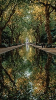 Serene park pathway lined with trees reflecting in calm water during autumn afternoon photo