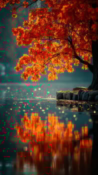 Vibrant autumn leaves reflected in calm lake waters during early morning light photo