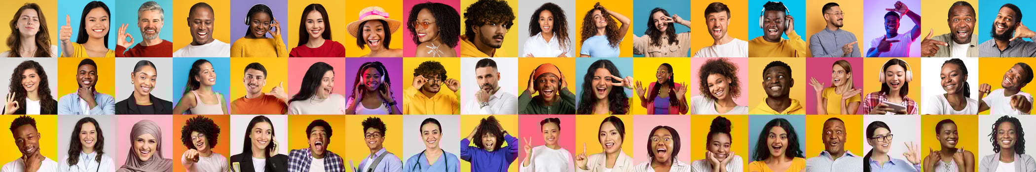 A vibrant collage features individuals of various backgrounds smiling joyfully. Each face displays a unique personality and lifestyle in bright, colorful backgrounds that celebrate diversity. photo