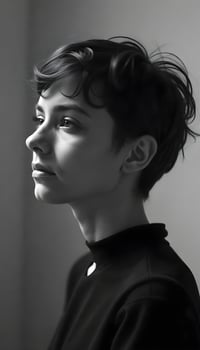 A black and white photo of a woman with short hair